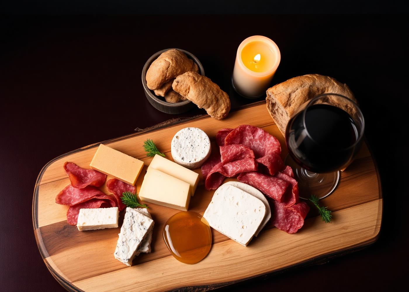 Tagliere di salumi e formaggi con pane, miele e un calice di vino rosso